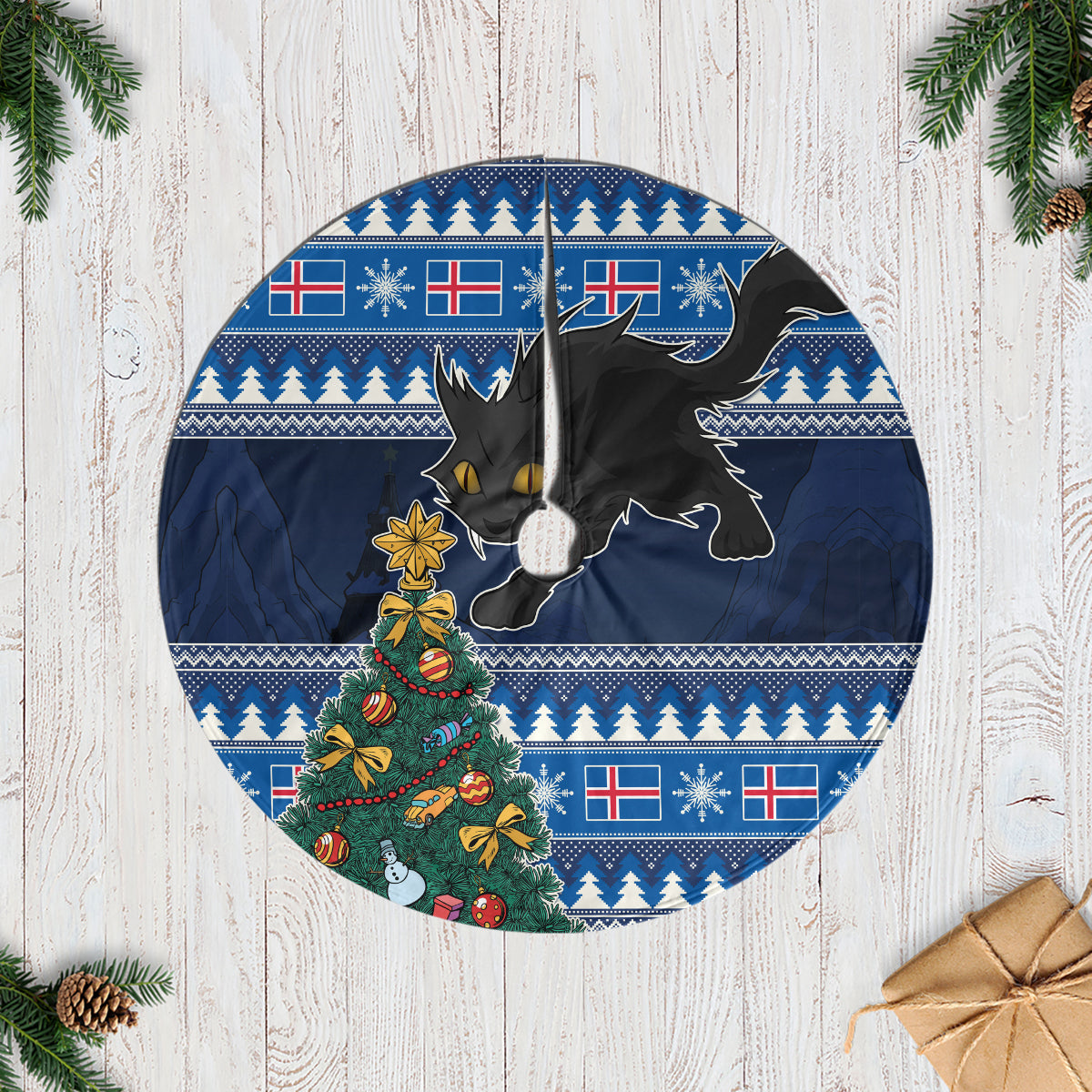 Iceland Christmas Tree Skirt Yule Cat With Xmas Tree - Wonder Print Shop