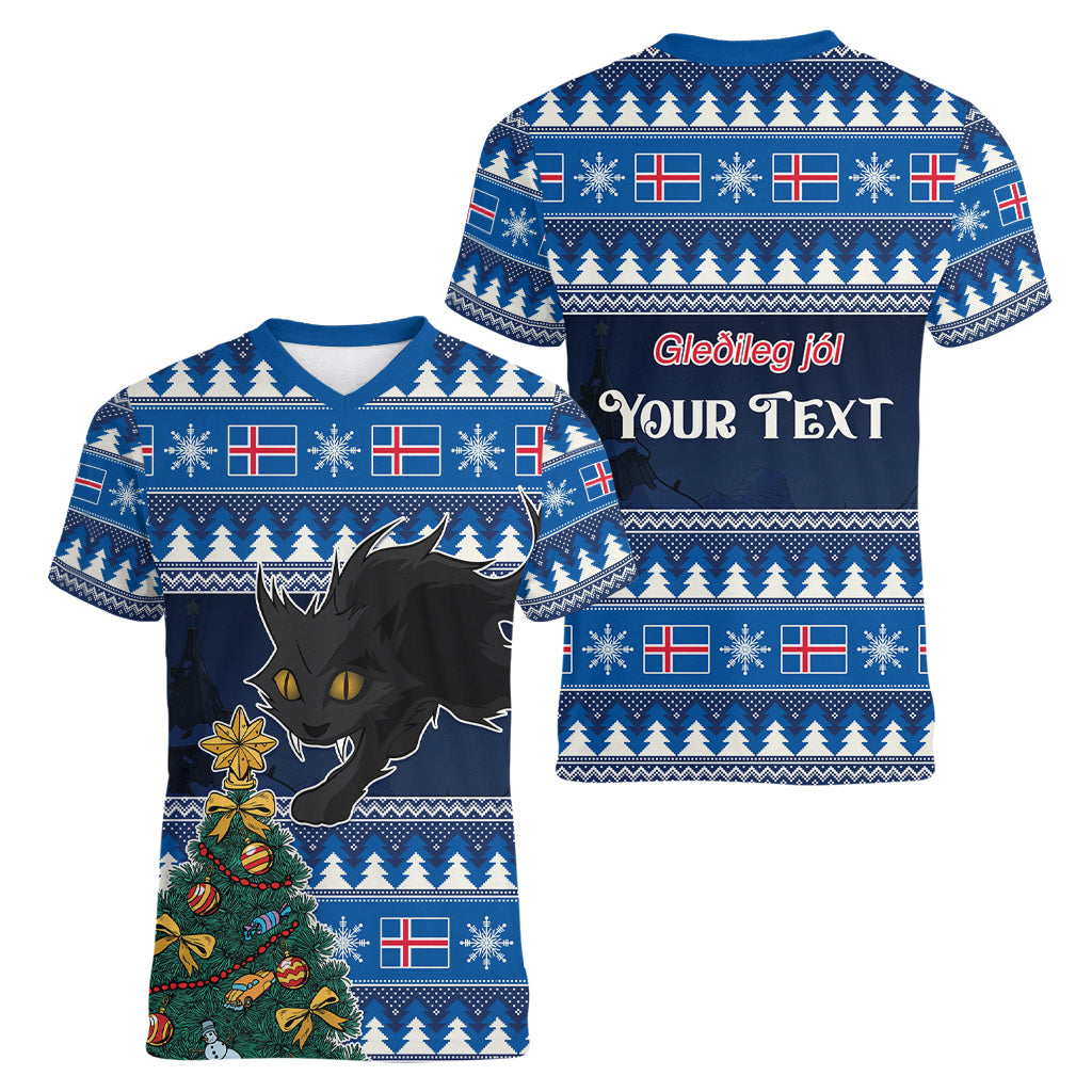 Custom Iceland Christmas Women V Neck T Shirt Yule Cat With Xmas Tree - Wonder Print Shop