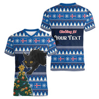 Custom Iceland Christmas Women V Neck T Shirt Yule Cat With Xmas Tree - Wonder Print Shop