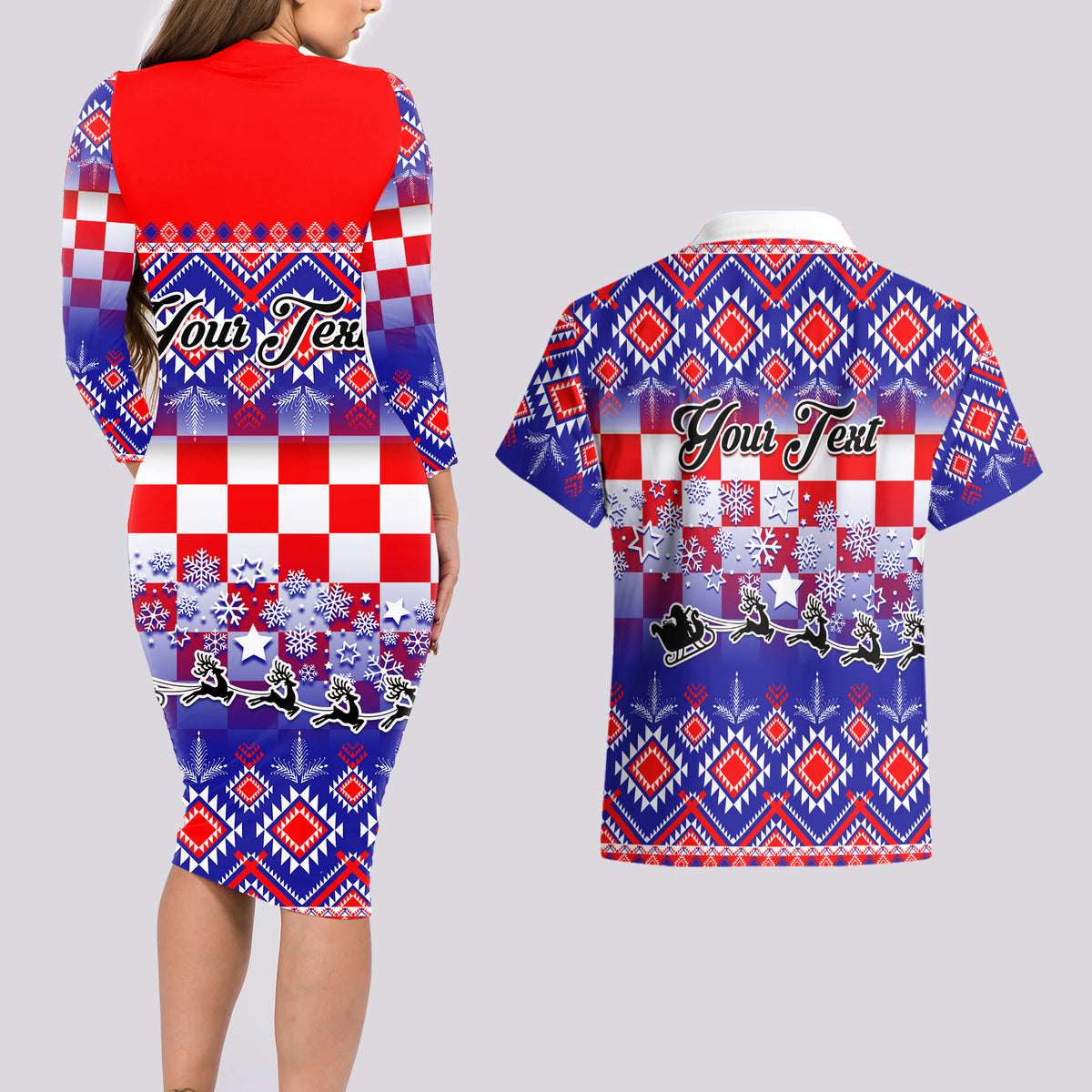 Custom Croatia Christmas Couples Matching Long Sleeve Bodycon Dress and Hawaiian Shirt Sretan Bozic Croatian Embroidery Patterns - Wonder Print Shop