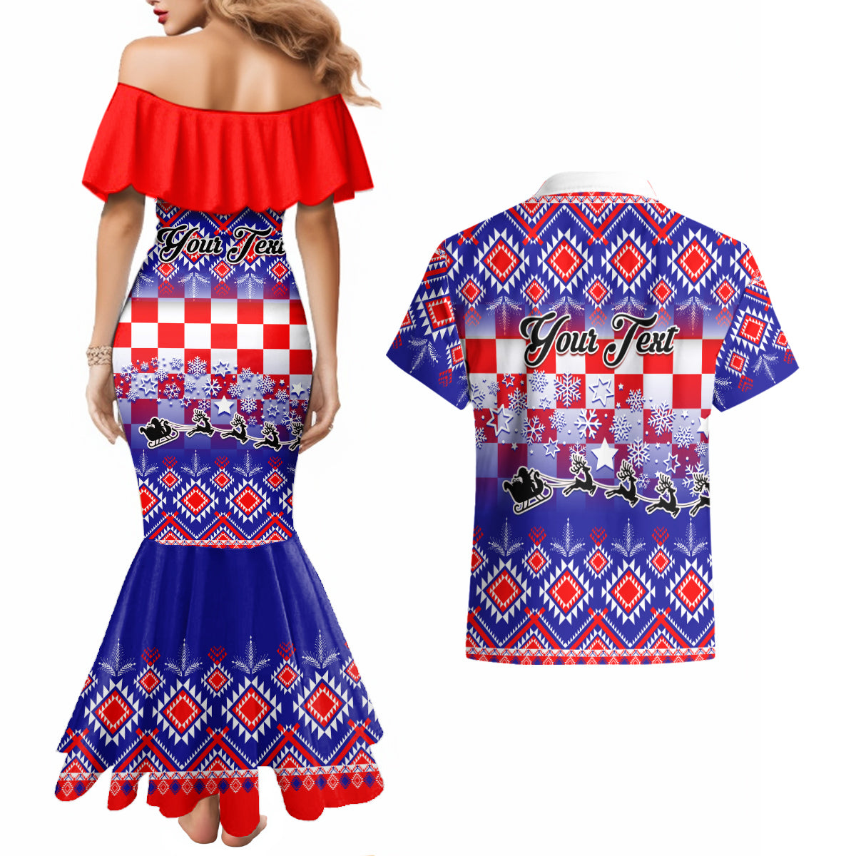 Custom Croatia Christmas Couples Matching Mermaid Dress and Hawaiian Shirt Sretan Bozic Croatian Embroidery Patterns - Wonder Print Shop