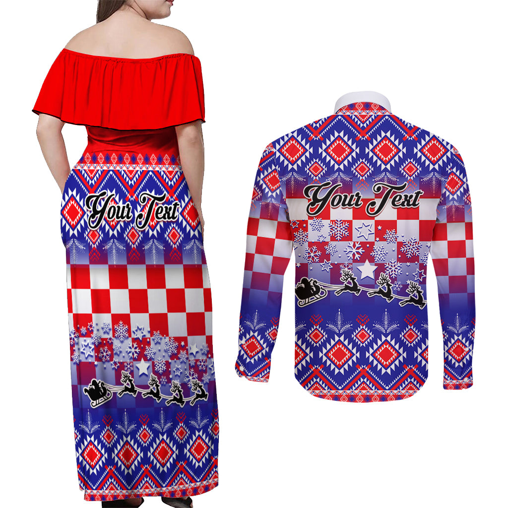 Custom Croatia Christmas Couples Matching Off Shoulder Maxi Dress and Long Sleeve Button Shirt Sretan Bozic Croatian Embroidery Patterns - Wonder Print Shop
