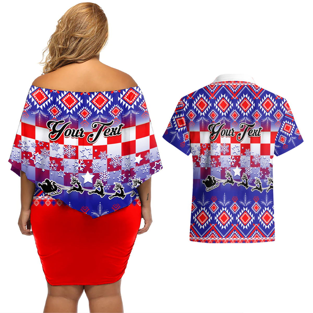 Custom Croatia Christmas Couples Matching Off Shoulder Short Dress and Hawaiian Shirt Sretan Bozic Croatian Embroidery Patterns - Wonder Print Shop