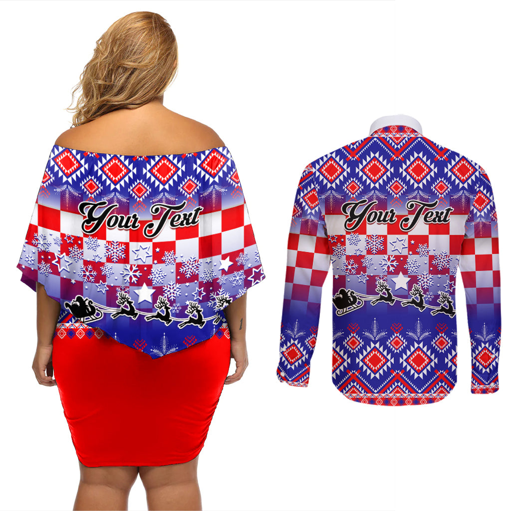 Custom Croatia Christmas Couples Matching Off Shoulder Short Dress and Long Sleeve Button Shirt Sretan Bozic Croatian Embroidery Patterns - Wonder Print Shop