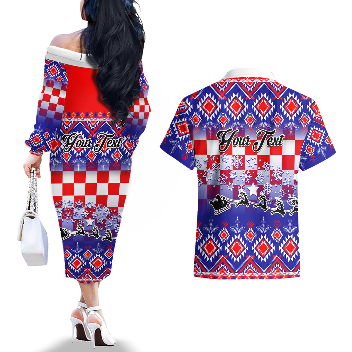 Custom Croatia Christmas Couples Matching Off The Shoulder Long Sleeve Dress and Hawaiian Shirt Sretan Bozic Croatian Embroidery Patterns - Wonder Print Shop