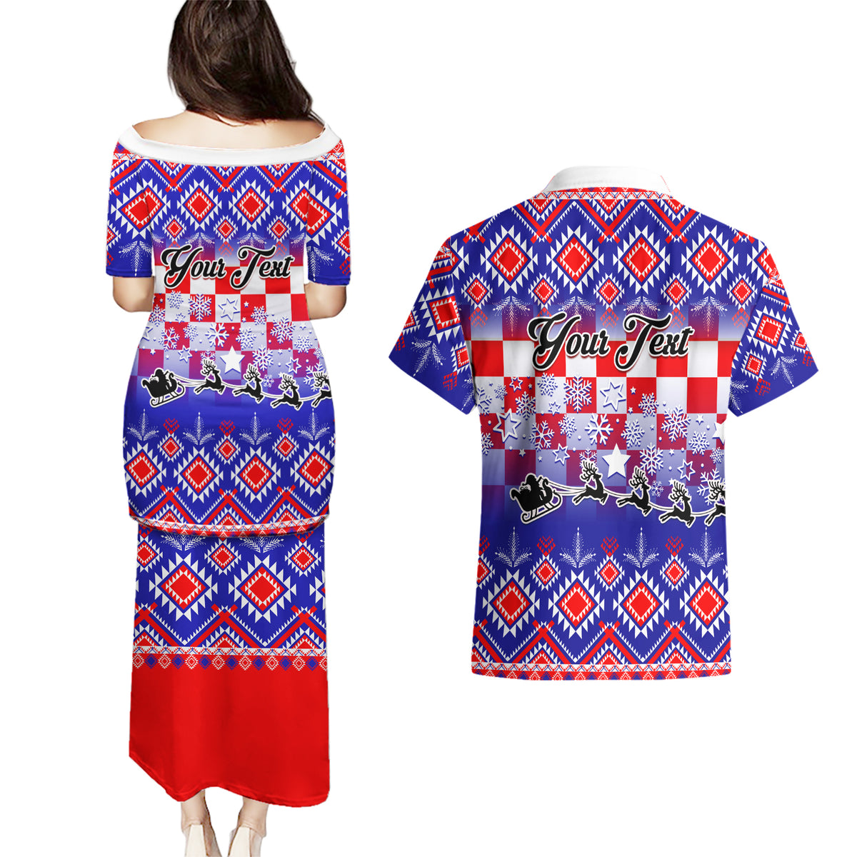 Custom Croatia Christmas Couples Matching Puletasi Dress and Hawaiian Shirt Sretan Bozic Croatian Embroidery Patterns - Wonder Print Shop