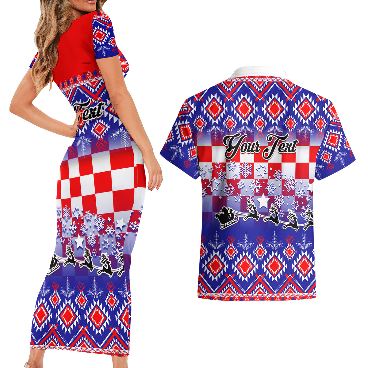 Custom Croatia Christmas Couples Matching Short Sleeve Bodycon Dress and Hawaiian Shirt Sretan Bozic Croatian Embroidery Patterns - Wonder Print Shop