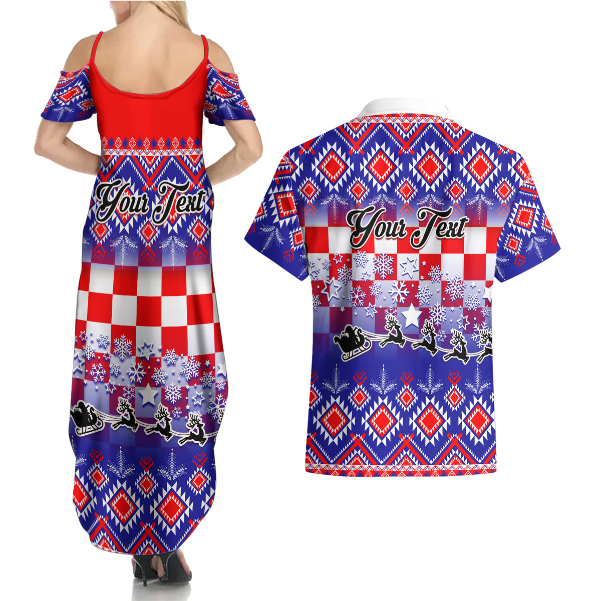 Custom Croatia Christmas Couples Matching Summer Maxi Dress and Hawaiian Shirt Sretan Bozic Croatian Embroidery Patterns - Wonder Print Shop