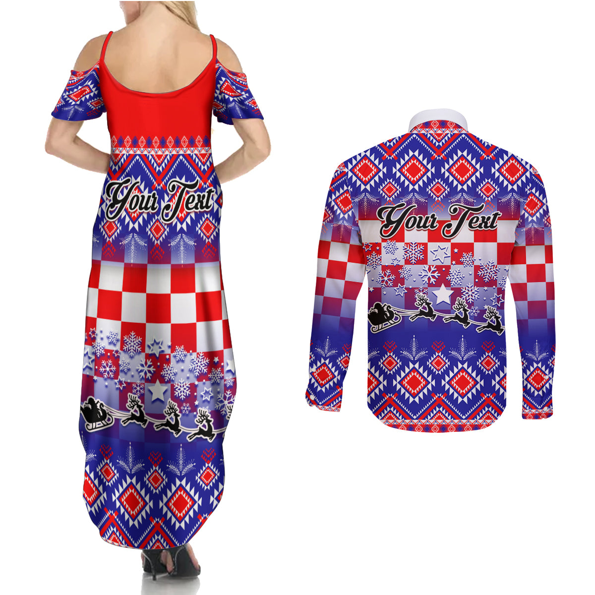 Custom Croatia Christmas Couples Matching Summer Maxi Dress and Long Sleeve Button Shirt Sretan Bozic Croatian Embroidery Patterns - Wonder Print Shop