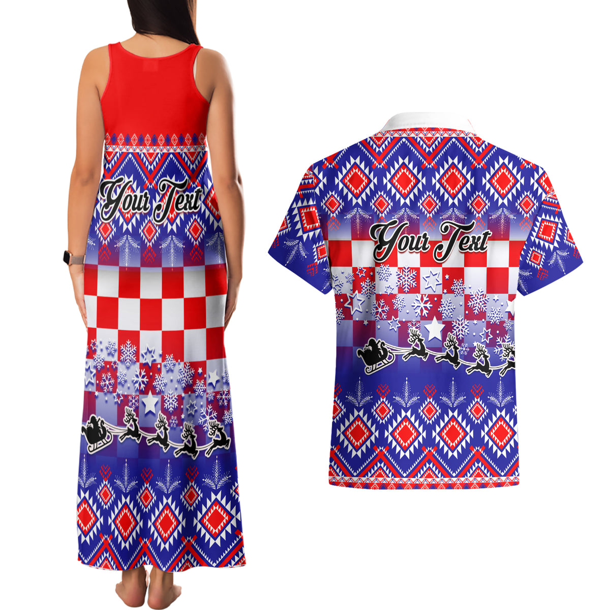 Custom Croatia Christmas Couples Matching Tank Maxi Dress and Hawaiian Shirt Sretan Bozic Croatian Embroidery Patterns - Wonder Print Shop