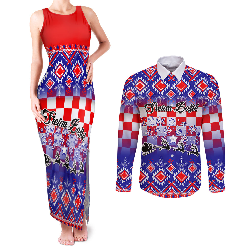 Custom Croatia Christmas Couples Matching Tank Maxi Dress and Long Sleeve Button Shirt Sretan Bozic Croatian Embroidery Patterns - Wonder Print Shop