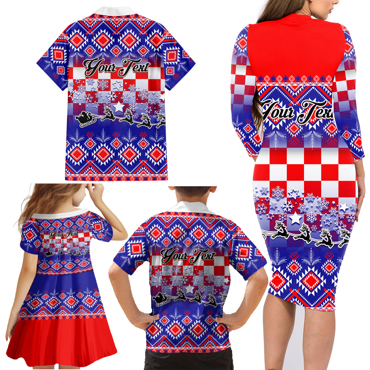 Custom Croatia Christmas Family Matching Long Sleeve Bodycon Dress and Hawaiian Shirt Sretan Bozic Croatian Embroidery Patterns - Wonder Print Shop