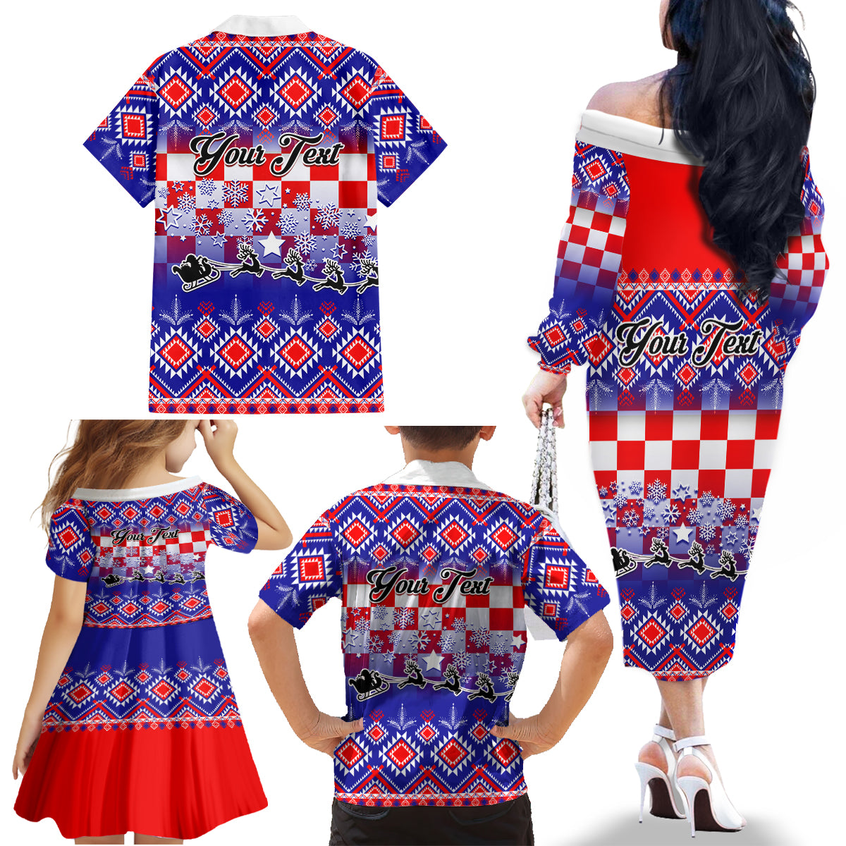 Custom Croatia Christmas Family Matching Off Shoulder Long Sleeve Dress and Hawaiian Shirt Sretan Bozic Croatian Embroidery Patterns - Wonder Print Shop