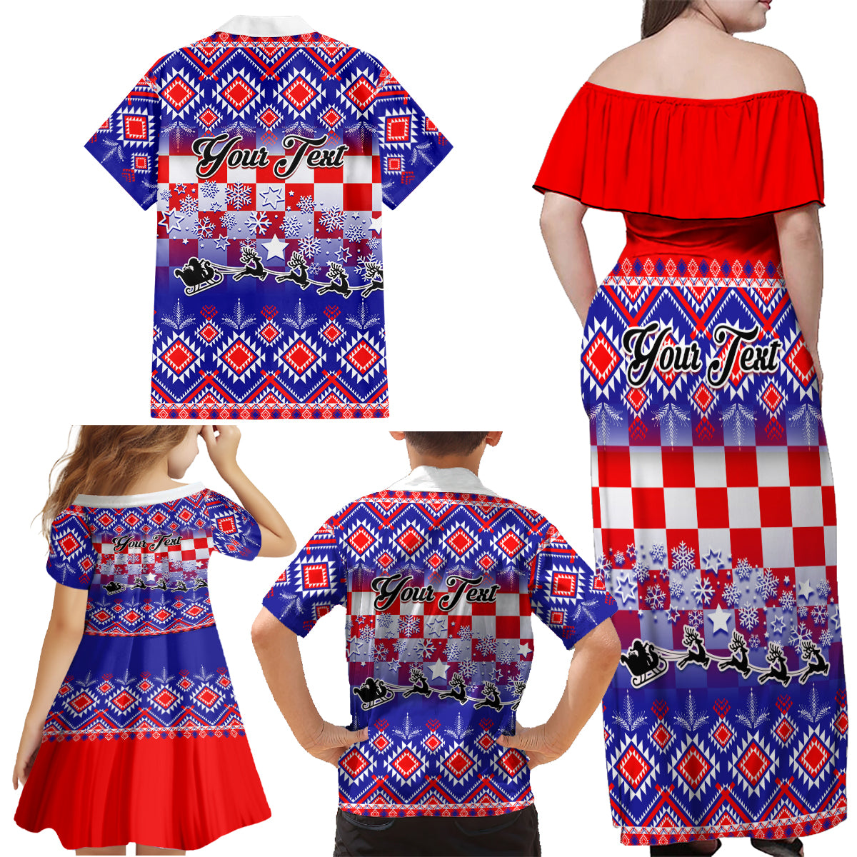 Custom Croatia Christmas Family Matching Off Shoulder Maxi Dress and Hawaiian Shirt Sretan Bozic Croatian Embroidery Patterns - Wonder Print Shop
