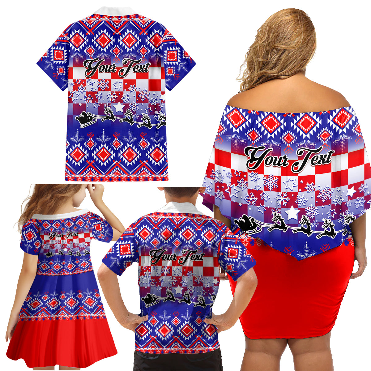Custom Croatia Christmas Family Matching Off Shoulder Short Dress and Hawaiian Shirt Sretan Bozic Croatian Embroidery Patterns - Wonder Print Shop