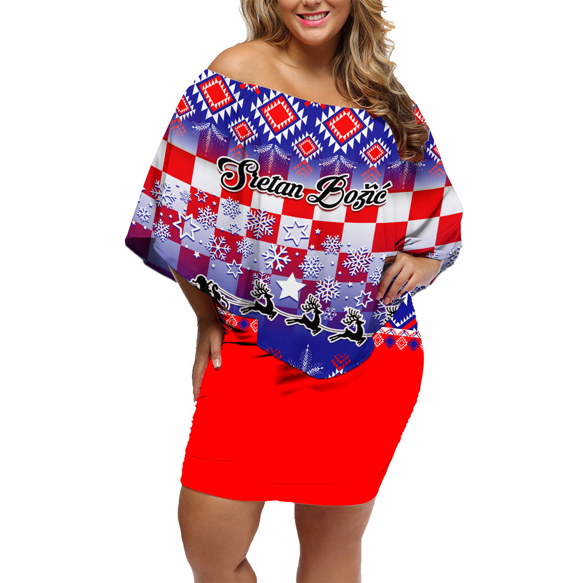 Custom Croatia Christmas Family Matching Off Shoulder Short Dress and Hawaiian Shirt Sretan Bozic Croatian Embroidery Patterns - Wonder Print Shop