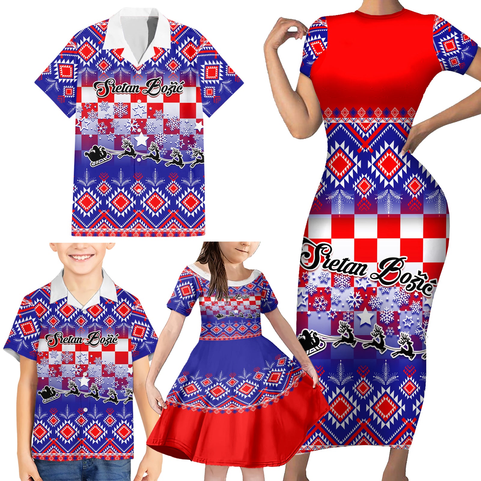 Custom Croatia Christmas Family Matching Short Sleeve Bodycon Dress and Hawaiian Shirt Sretan Bozic Croatian Embroidery Patterns - Wonder Print Shop