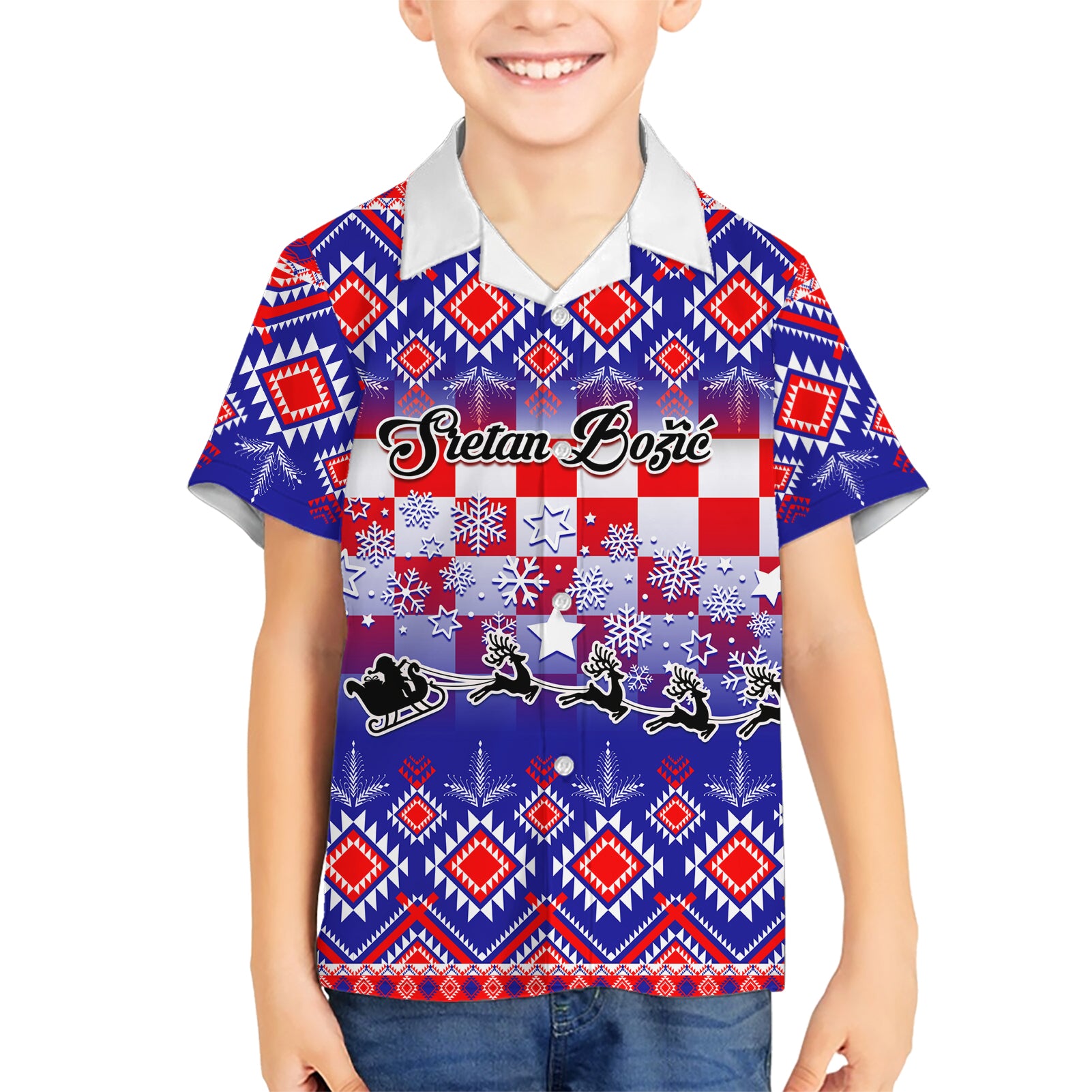 Custom Croatia Christmas Kid Hawaiian Shirt Sretan Bozic Croatian Embroidery Patterns - Wonder Print Shop