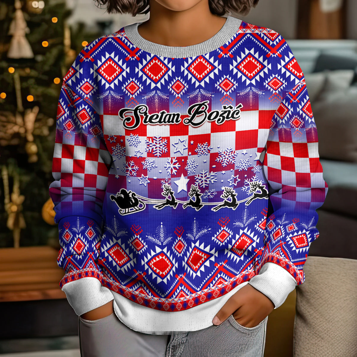 Personalised Croatia Christmas Kid Ugly Christmas Sweater Sretan Bozic Croatian Embroidery Patterns - Wonder Print Shop