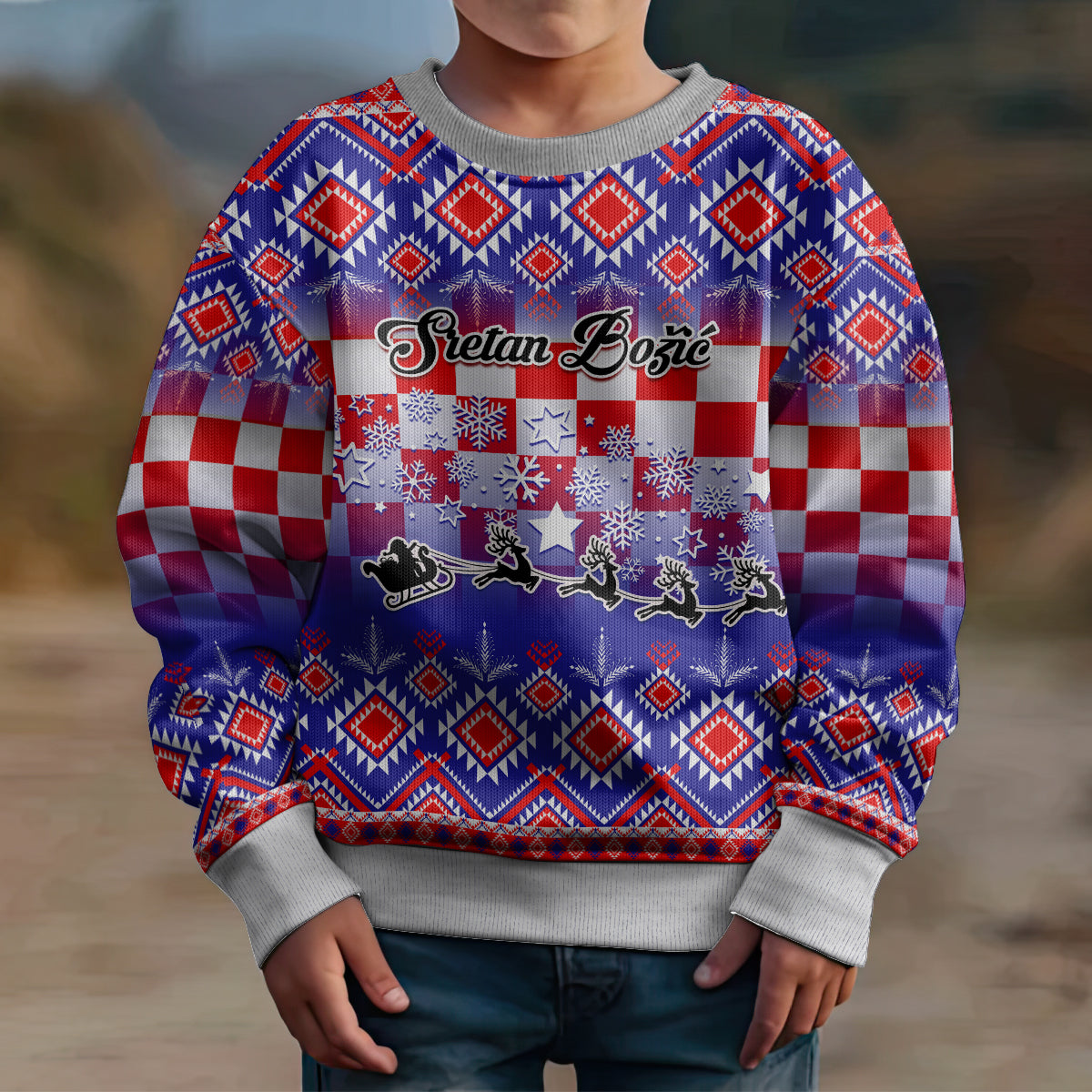Personalised Croatia Christmas Kid Ugly Christmas Sweater Sretan Bozic Croatian Embroidery Patterns - Wonder Print Shop