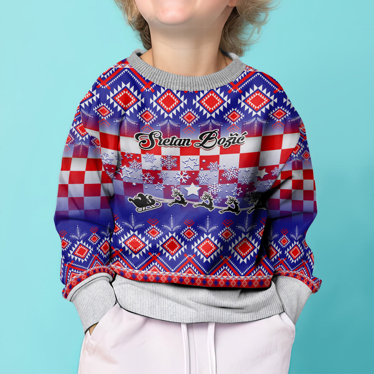 Personalised Croatia Christmas Kid Ugly Christmas Sweater Sretan Bozic Croatian Embroidery Patterns - Wonder Print Shop