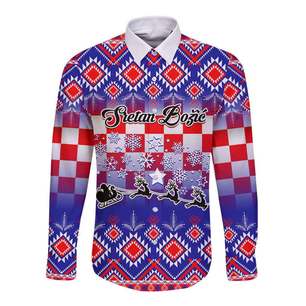 Custom Croatia Christmas Long Sleeve Button Shirt Sretan Bozic Croatian Embroidery Patterns - Wonder Print Shop