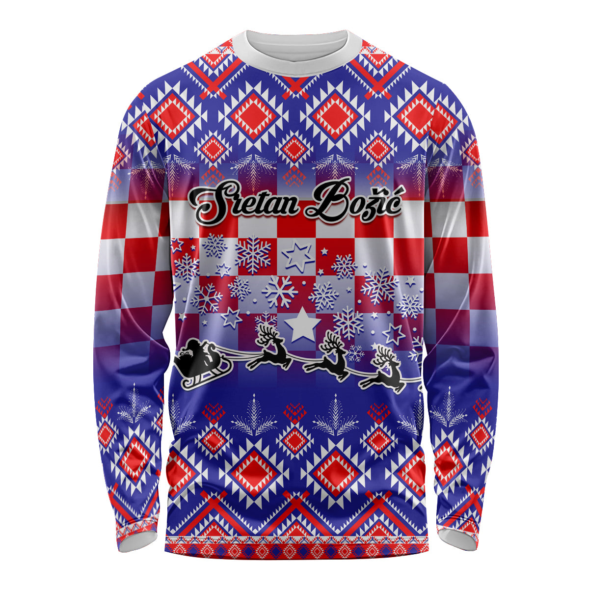 Custom Croatia Christmas Long Sleeve Shirt Sretan Bozic Croatian Embroidery Patterns - Wonder Print Shop