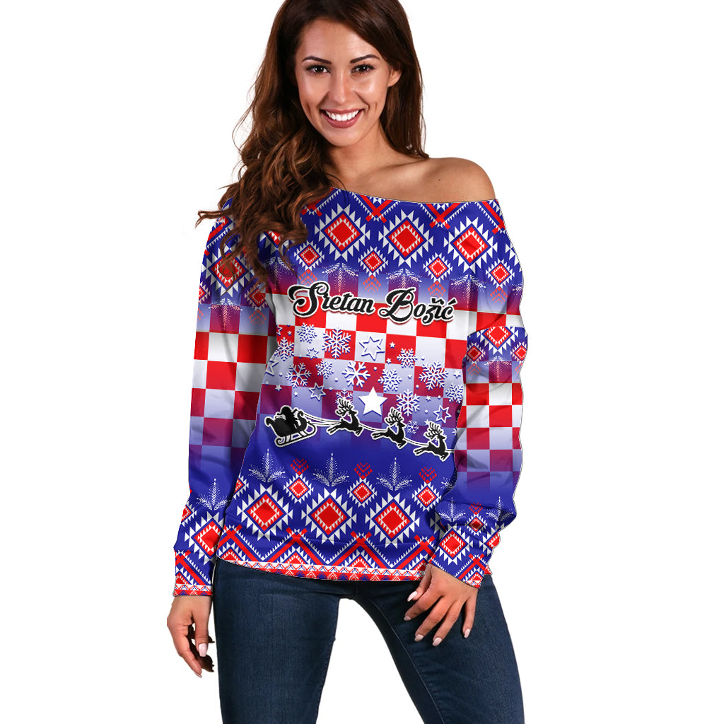 Custom Croatia Christmas Off Shoulder Sweater Sretan Bozic Croatian Embroidery Patterns - Wonder Print Shop