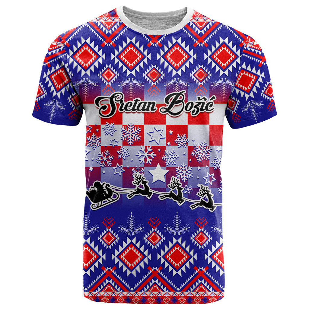 Custom Croatia Christmas T Shirt Sretan Bozic Croatian Embroidery Patterns - Wonder Print Shop