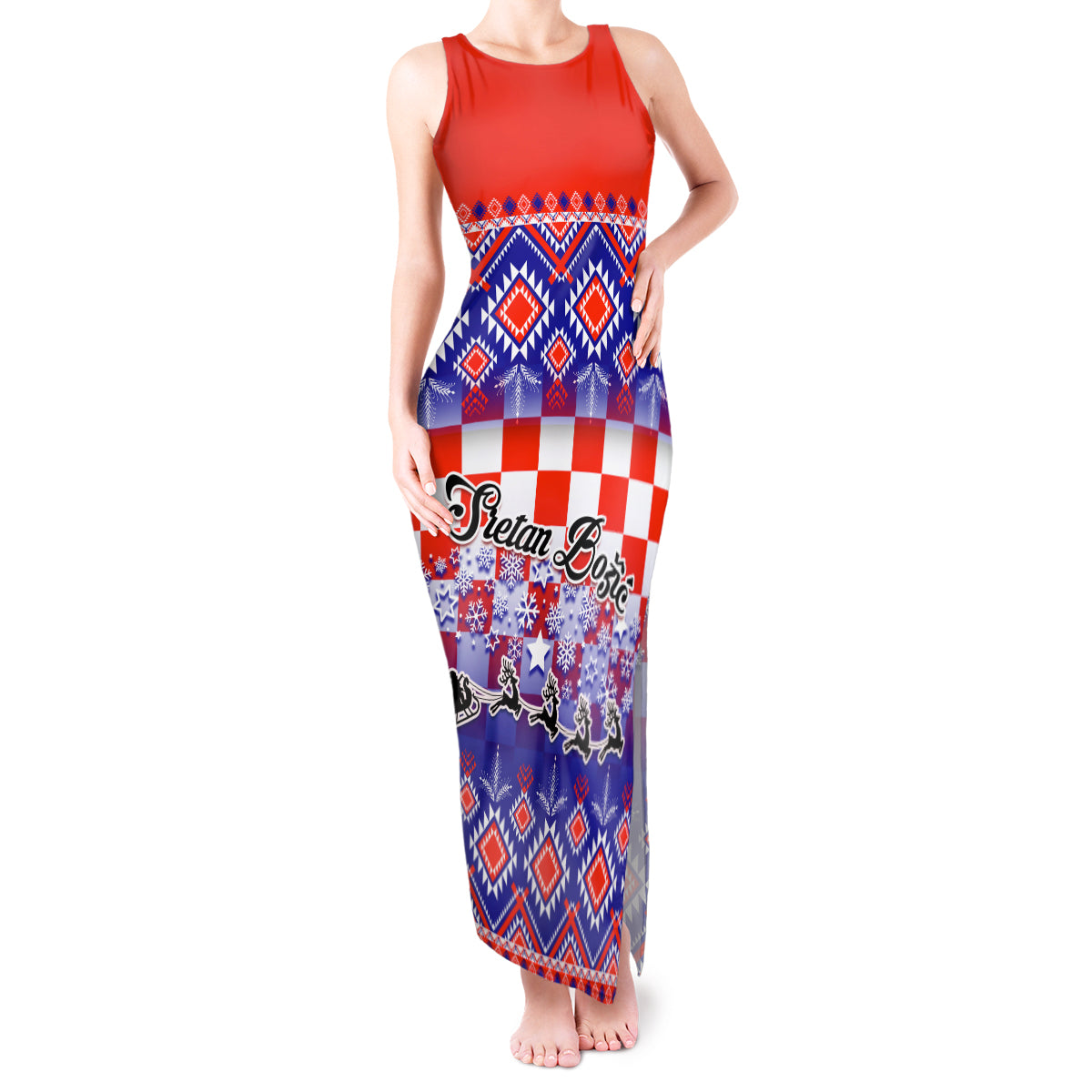 Custom Croatia Christmas Tank Maxi Dress Sretan Bozic Croatian Embroidery Patterns - Wonder Print Shop