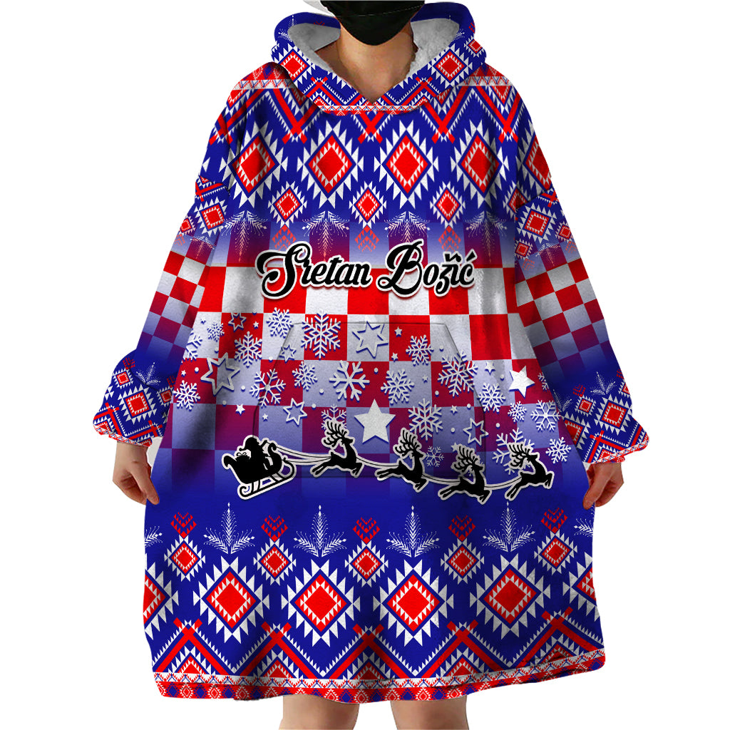 Custom Croatia Christmas Wearable Blanket Hoodie Sretan Bozic Croatian Embroidery Patterns - Wonder Print Shop