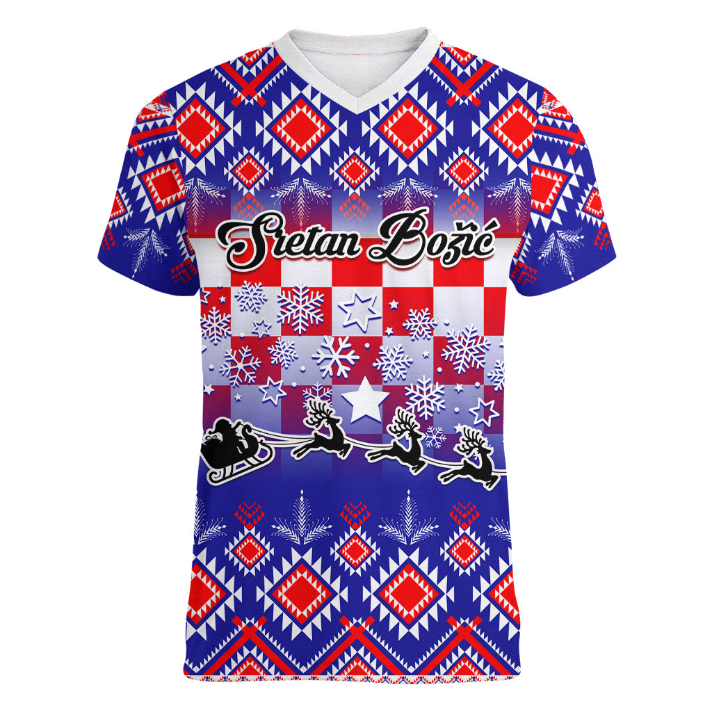 Custom Croatia Christmas Women V Neck T Shirt Sretan Bozic Croatian Embroidery Patterns - Wonder Print Shop