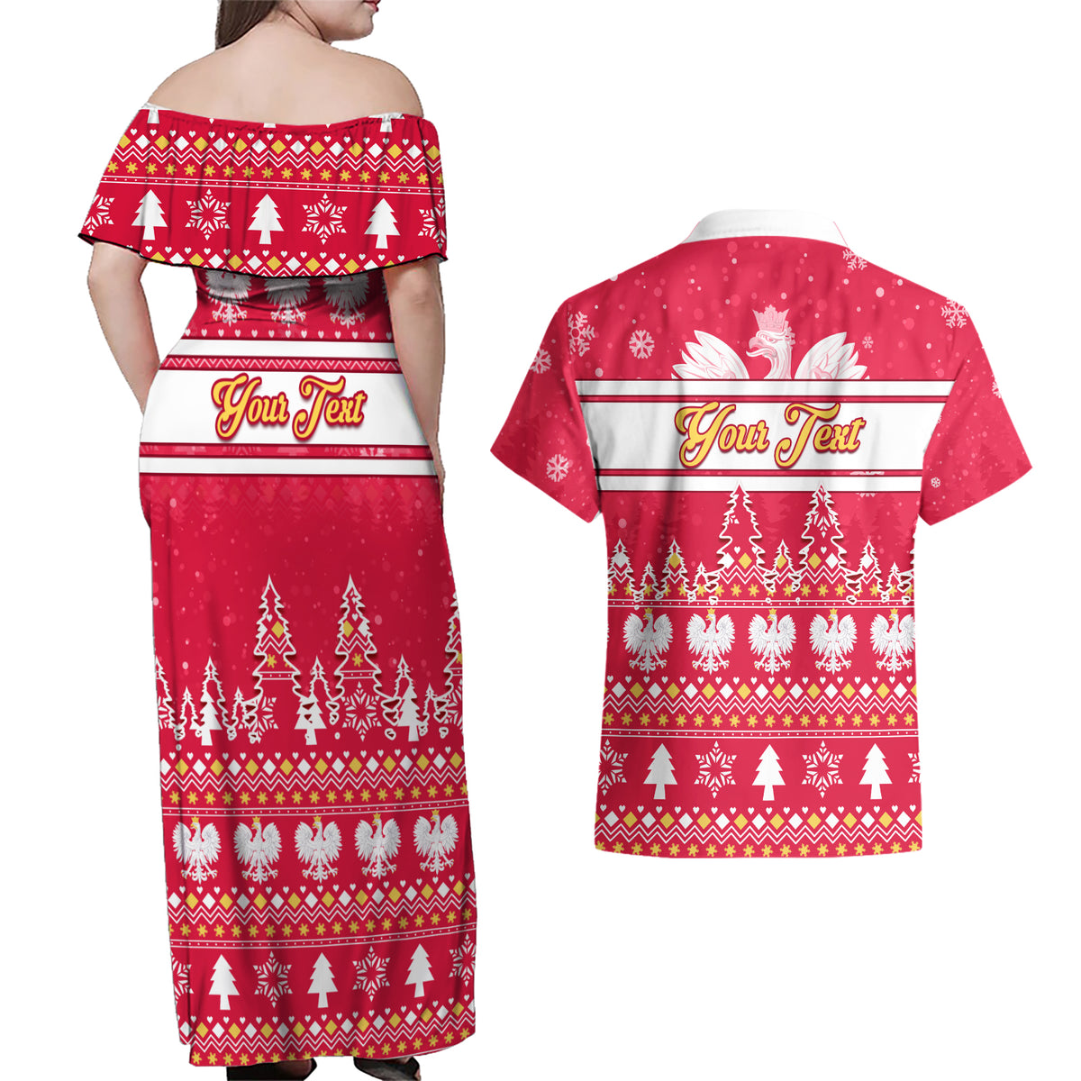 Custom Poland Christmas Couples Matching Off Shoulder Maxi Dress and Hawaiian Shirt Wesolych Swiat Polish Eagle - Wonder Print Shop