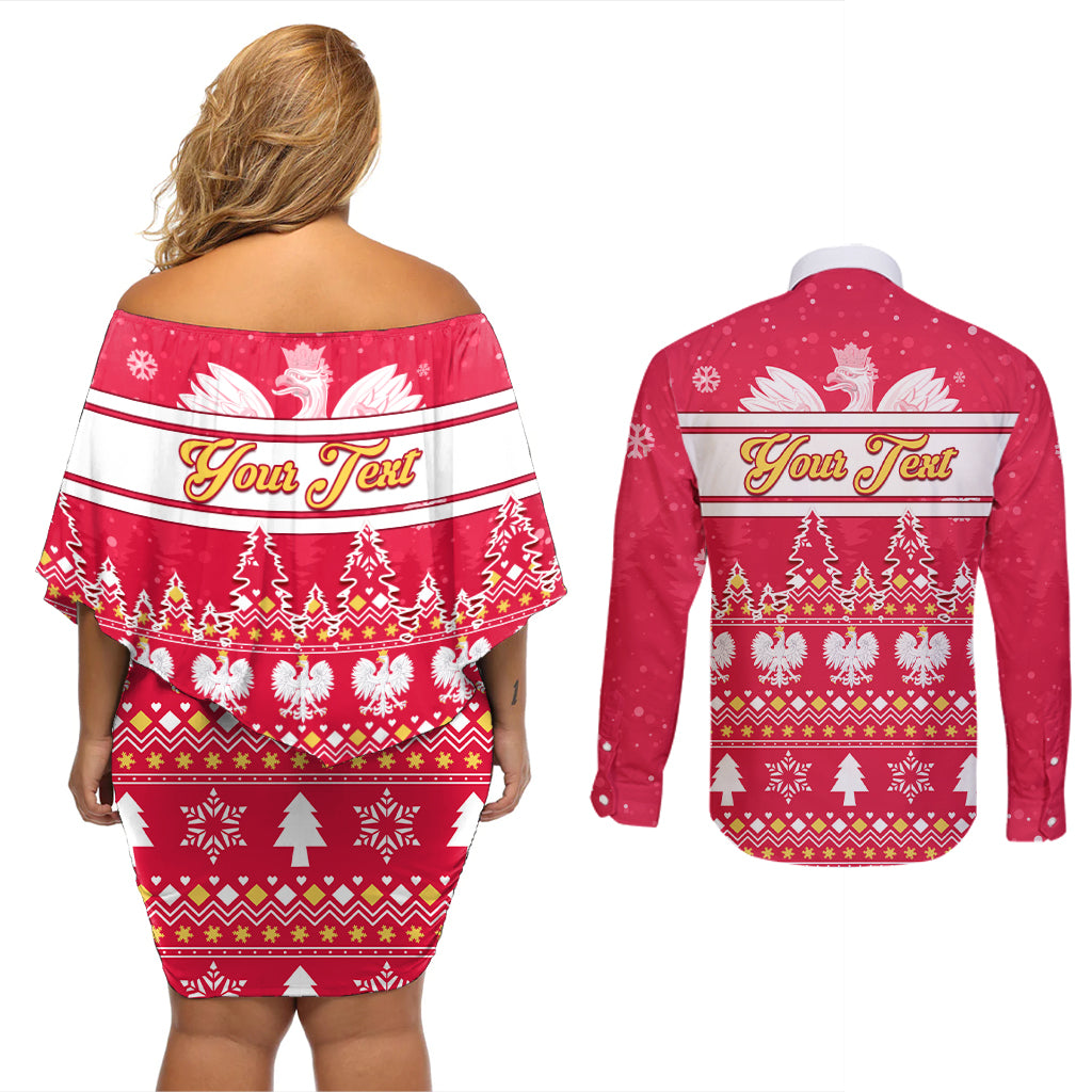Custom Poland Christmas Couples Matching Off Shoulder Short Dress and Long Sleeve Button Shirt Wesolych Swiat Polish Eagle - Wonder Print Shop