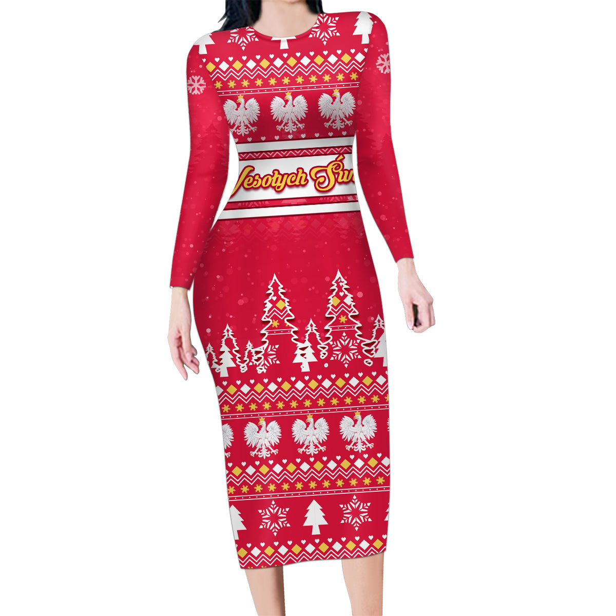 Custom Poland Christmas Family Matching Long Sleeve Bodycon Dress and Hawaiian Shirt Wesolych Swiat Polish Eagle - Wonder Print Shop