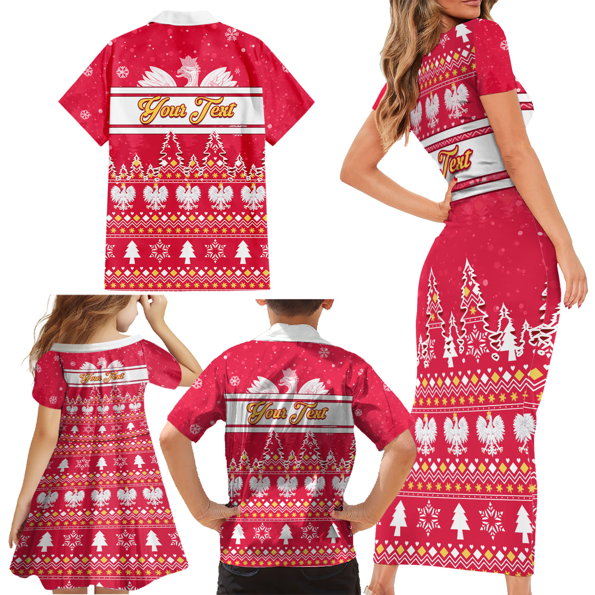 Custom Poland Christmas Family Matching Short Sleeve Bodycon Dress and Hawaiian Shirt Wesolych Swiat Polish Eagle - Wonder Print Shop