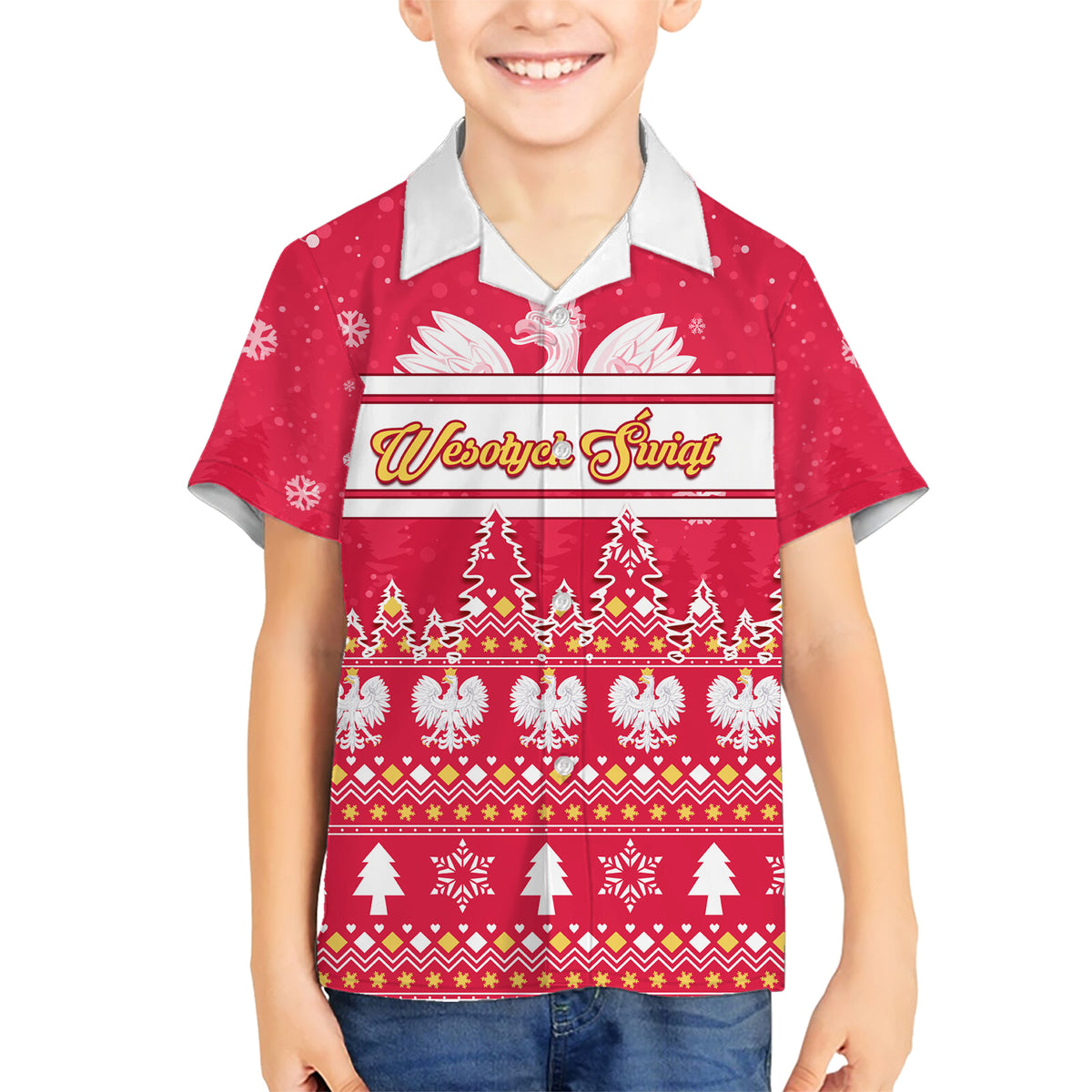 Custom Poland Christmas Family Matching Short Sleeve Bodycon Dress and Hawaiian Shirt Wesolych Swiat Polish Eagle - Wonder Print Shop