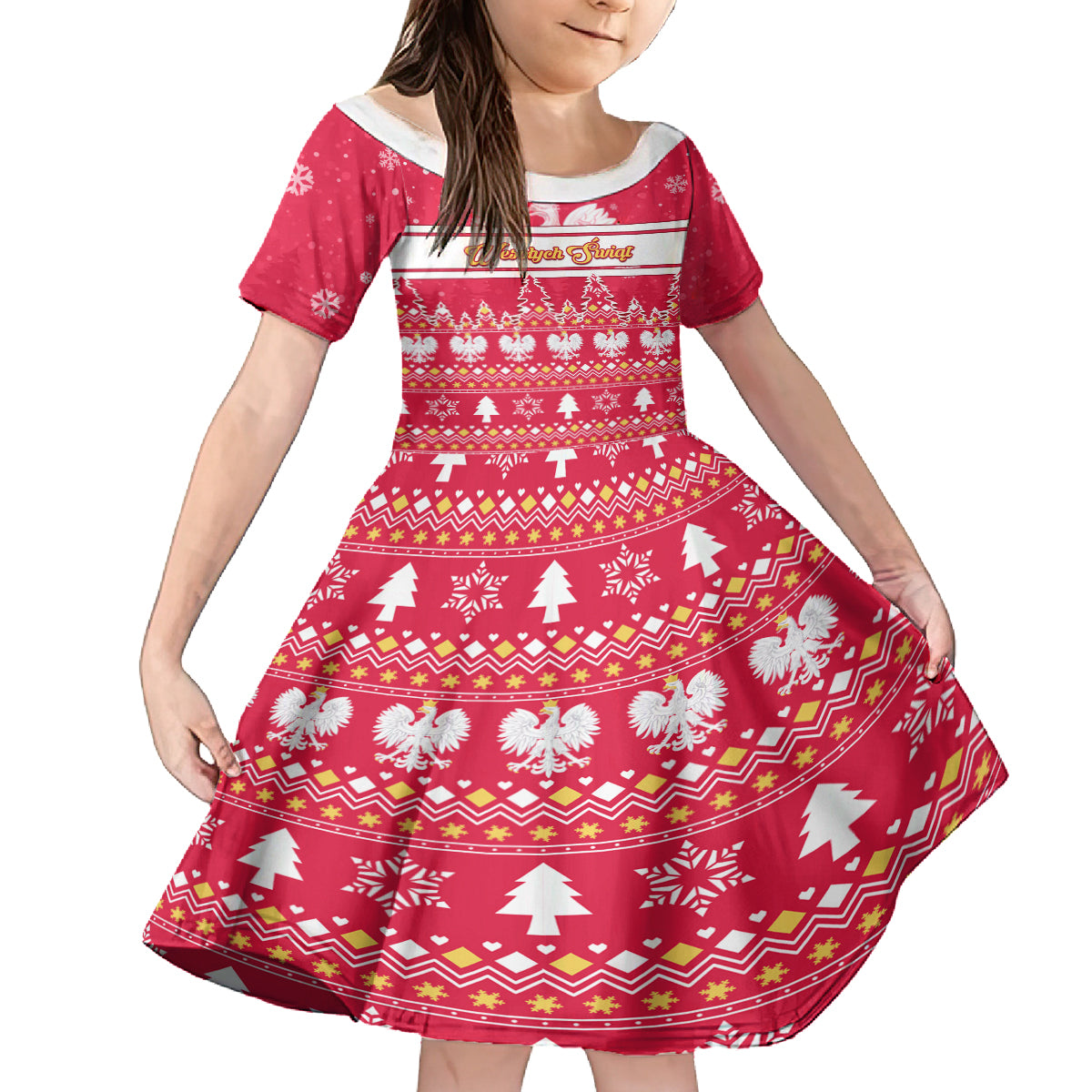 Custom Poland Christmas Kid Short Sleeve Dress Wesolych Swiat Polish Eagle - Wonder Print Shop