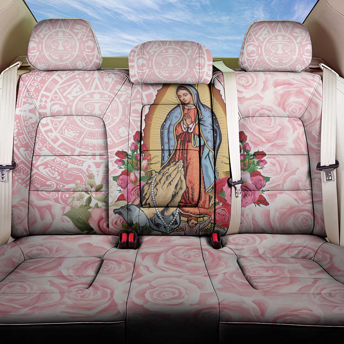 Virgen de Guadalupe Back Car Seat Cover Rose Flower Mexican Aztec Pattern - Wonder Print Shop