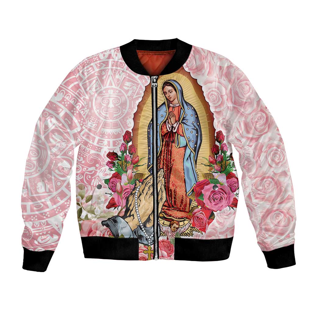 Virgen de Guadalupe Bomber Jacket Rose Flower Mexican Aztec Pattern - Wonder Print Shop