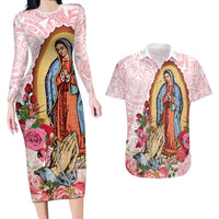 Virgen de Guadalupe Couples Matching Long Sleeve Bodycon Dress and Hawaiian Shirt Rose Flower Mexican Aztec Pattern - Wonder Print Shop