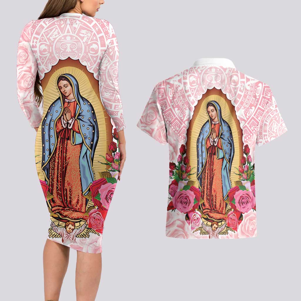 Virgen de Guadalupe Couples Matching Long Sleeve Bodycon Dress and Hawaiian Shirt Rose Flower Mexican Aztec Pattern - Wonder Print Shop