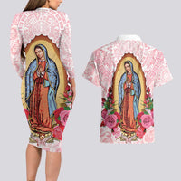 Virgen de Guadalupe Couples Matching Long Sleeve Bodycon Dress and Hawaiian Shirt Rose Flower Mexican Aztec Pattern - Wonder Print Shop