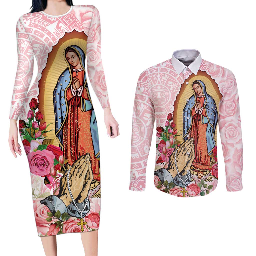 Virgen de Guadalupe Couples Matching Long Sleeve Bodycon Dress and Long Sleeve Button Shirt Rose Flower Mexican Aztec Pattern - Wonder Print Shop
