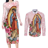 Virgen de Guadalupe Couples Matching Long Sleeve Bodycon Dress and Long Sleeve Button Shirt Rose Flower Mexican Aztec Pattern - Wonder Print Shop