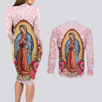 Virgen de Guadalupe Couples Matching Long Sleeve Bodycon Dress and Long Sleeve Button Shirt Rose Flower Mexican Aztec Pattern - Wonder Print Shop