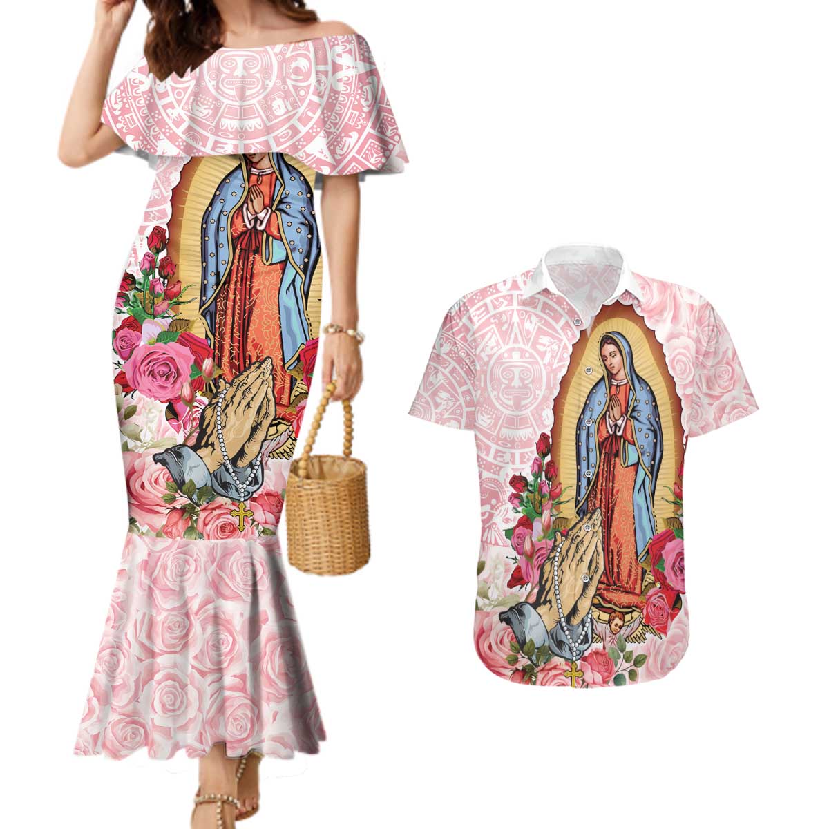 Virgen de Guadalupe Couples Matching Mermaid Dress and Hawaiian Shirt Rose Flower Mexican Aztec Pattern - Wonder Print Shop