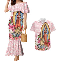 Virgen de Guadalupe Couples Matching Mermaid Dress and Hawaiian Shirt Rose Flower Mexican Aztec Pattern - Wonder Print Shop