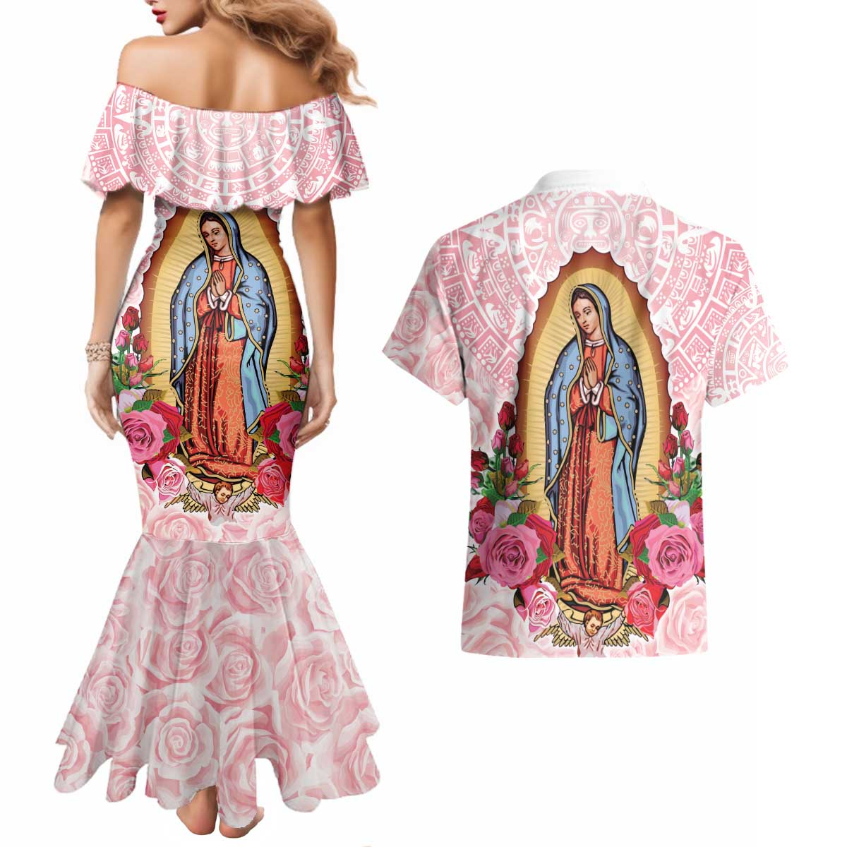Virgen de Guadalupe Couples Matching Mermaid Dress and Hawaiian Shirt Rose Flower Mexican Aztec Pattern - Wonder Print Shop