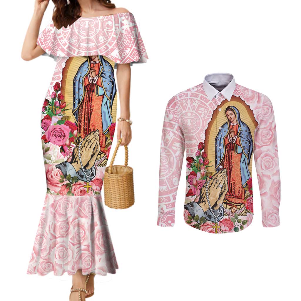 Virgen de Guadalupe Couples Matching Mermaid Dress and Long Sleeve Button Shirt Rose Flower Mexican Aztec Pattern
